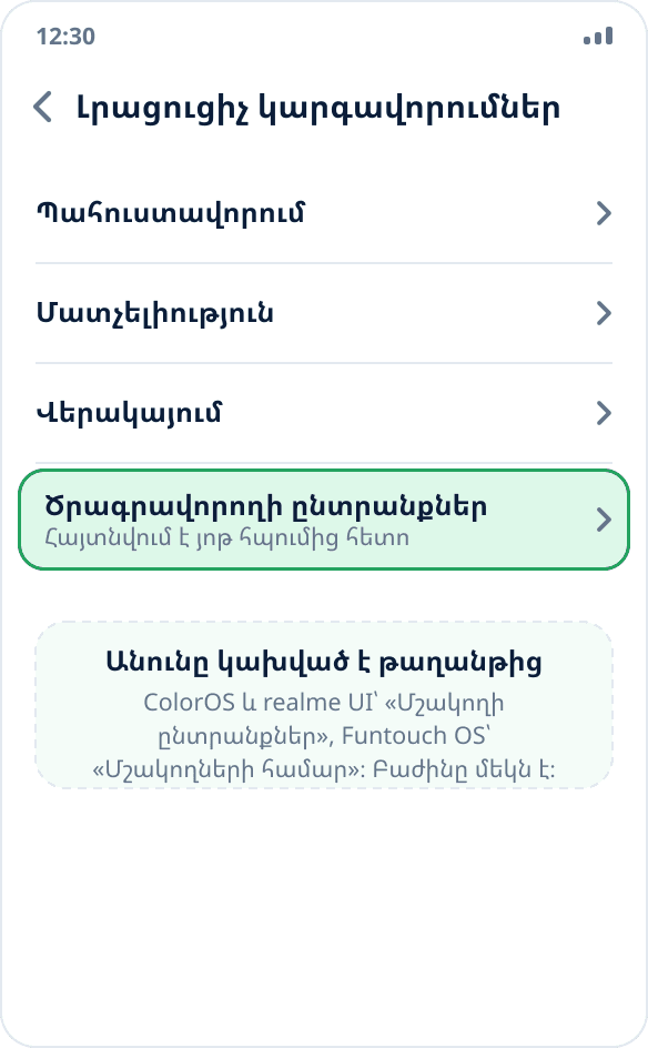 ColorOS-ի «Լրացուցիչ կարգավորումներ» բաժինը․ «Ծրագրավորողի ընտրանքներ» կետը ցուցակի վերջում