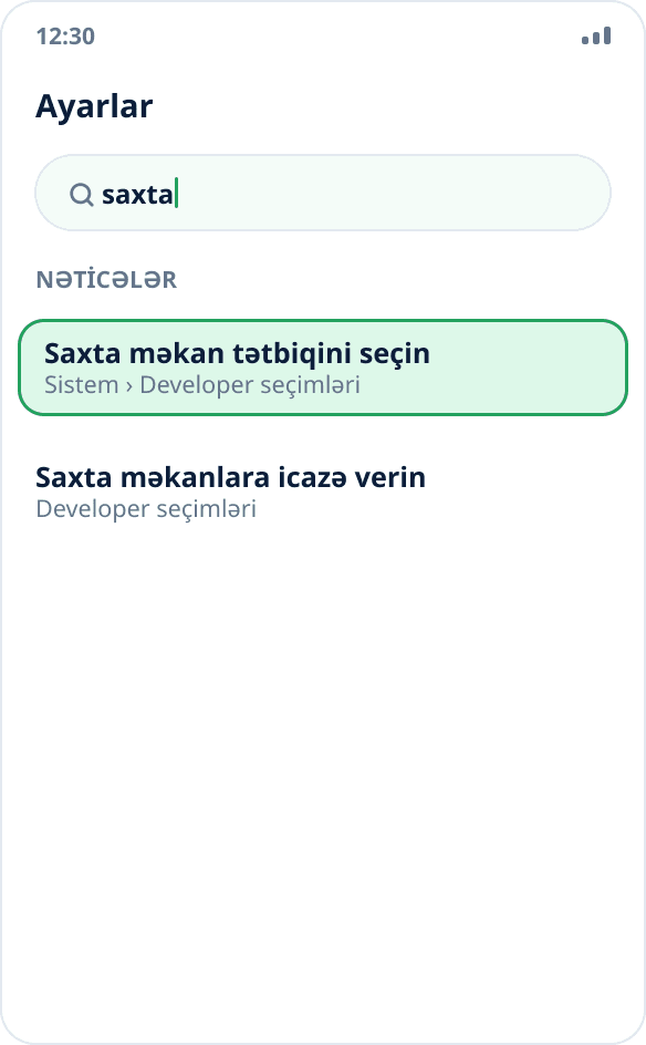 Android ayarlarında axtarış: «Saxta məkan tətbiqini seçin» bəndi tapılıb