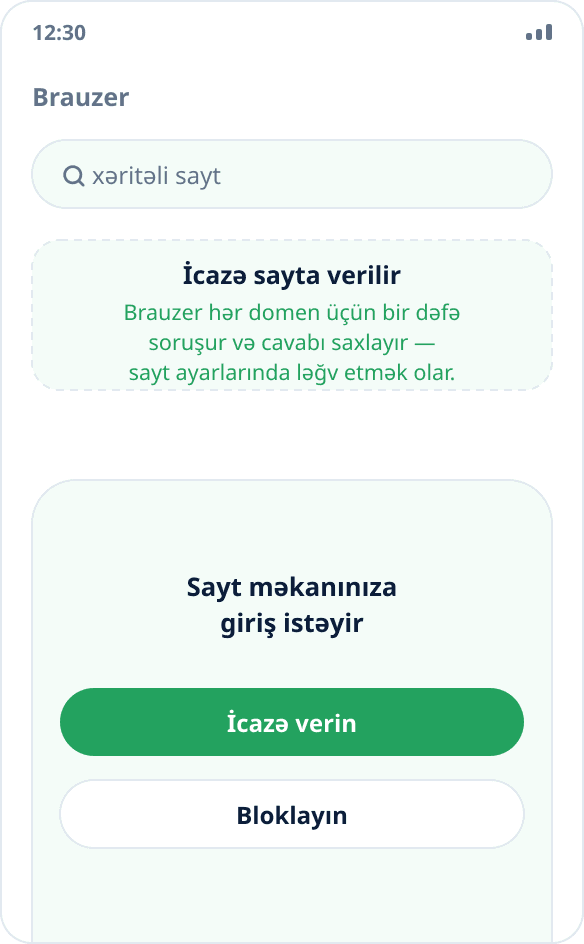 Brauzerin məkana giriş sorğusu: icazədən sonra sayt əvəzlənmiş koordinatları alır