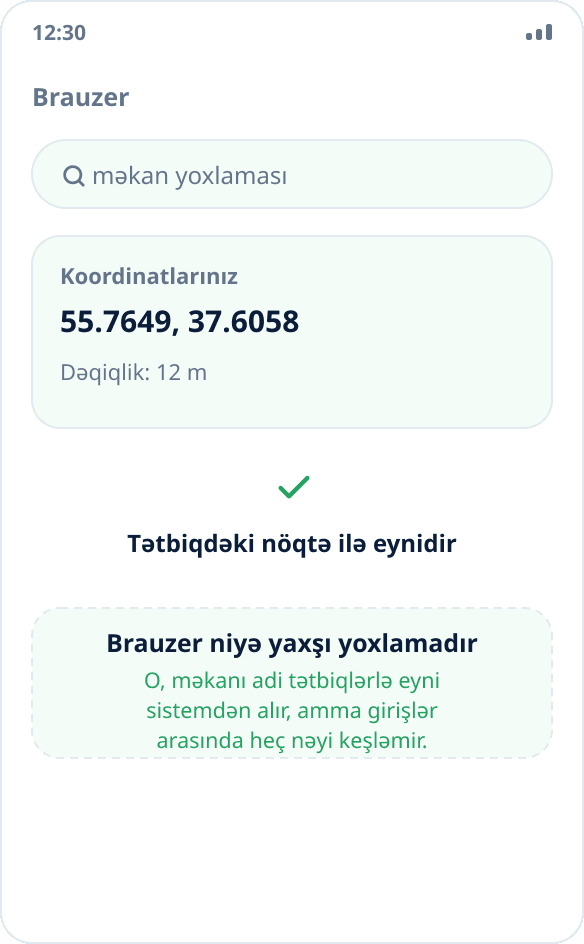Brauzerdə məkan yoxlaması: səhifə seçilmiş nöqtə ilə üst-üstə düşən koordinatları göstərir
