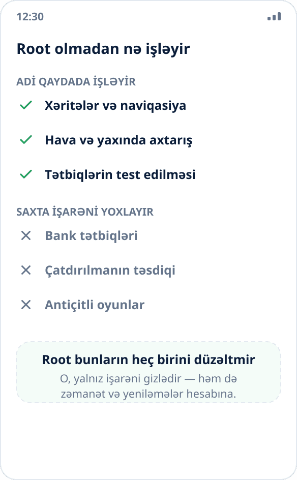 Ssenarilərin müqayisəsi: xəritələr, hava və test root olmadan işləyir, bank tətbiqləri və antiçitlər — yox