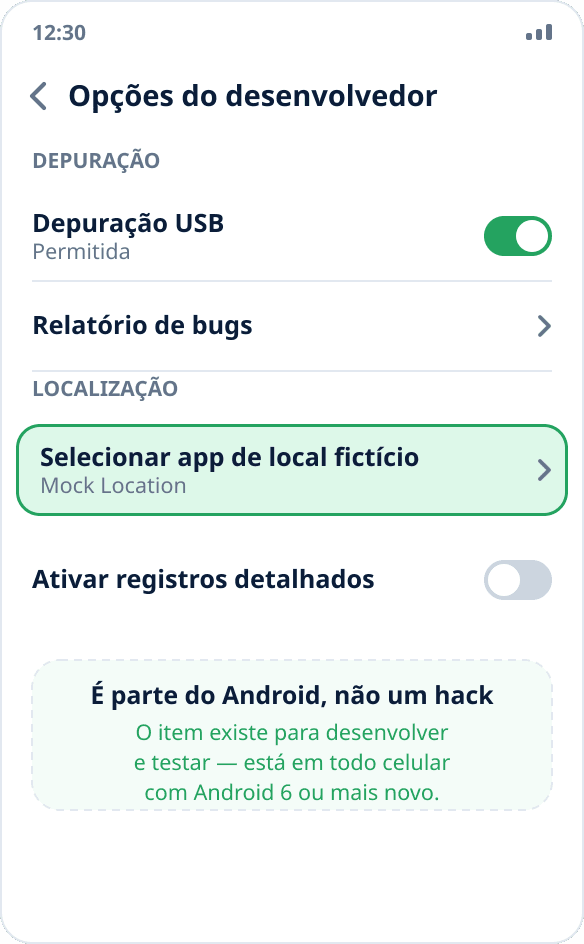 O item “Selecionar app de local fictício” nas opções do desenvolvedor do Android — junto da depuração USB
