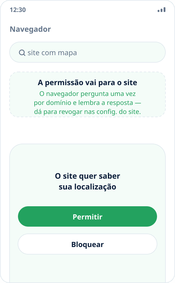 Pedido do navegador de acesso à localização: depois de permitir, o site recebe as coordenadas simuladas
