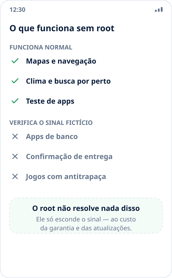 Comparação de cenários: mapas, clima e testes funcionam sem root; apps de banco e antitrapaça, não