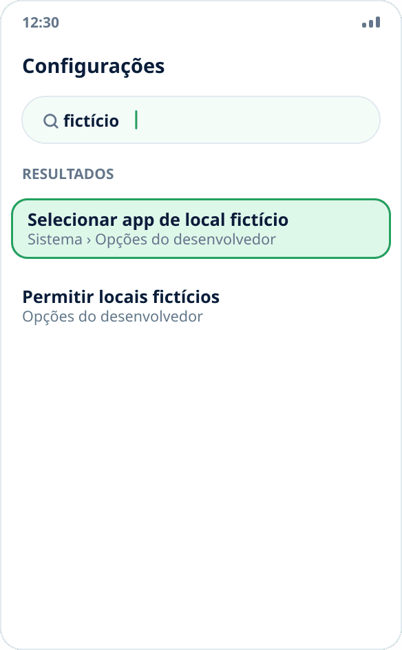 Pesquisa nas configurações do Android: o item “Selecionar app de local fictício” foi encontrado