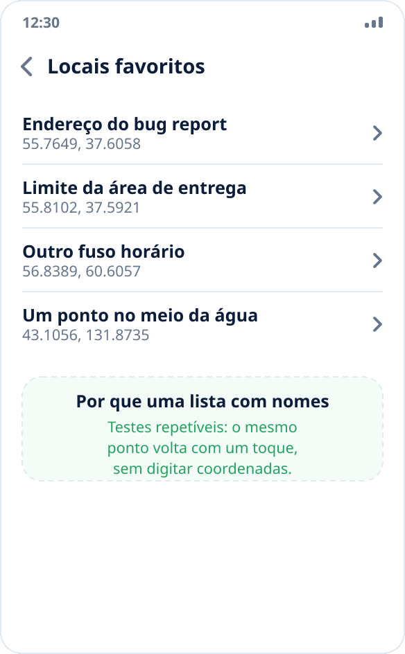 A lista de locais favoritos no Mock Location: um conjunto de pontos de referência para testes repetíveis