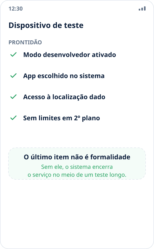 Checklist de preparação do dispositivo de teste: modo de desenvolvedor, escolha do app, acesso à localização, sem restrições em segundo plano