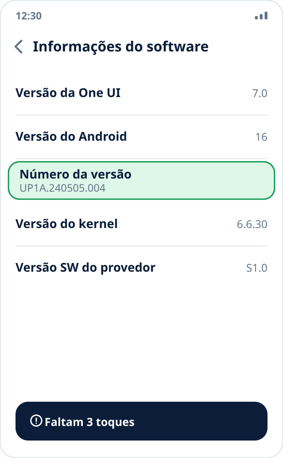 A tela “Informações do software” no Samsung: destacado o item que deve ser tocado sete vezes