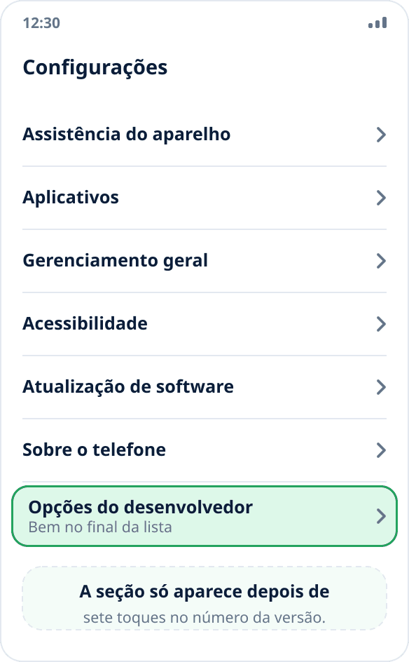 A lista principal de configurações do Samsung: “Opções do desenvolvedor” fica bem no final