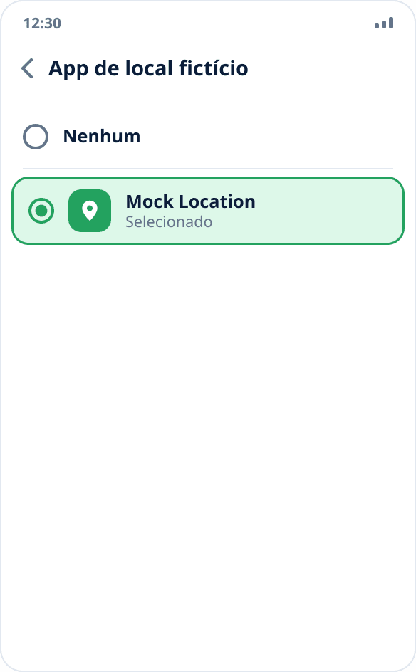Seleção do app de local fictício: Mock Location está marcado, “Nenhum” não está selecionado