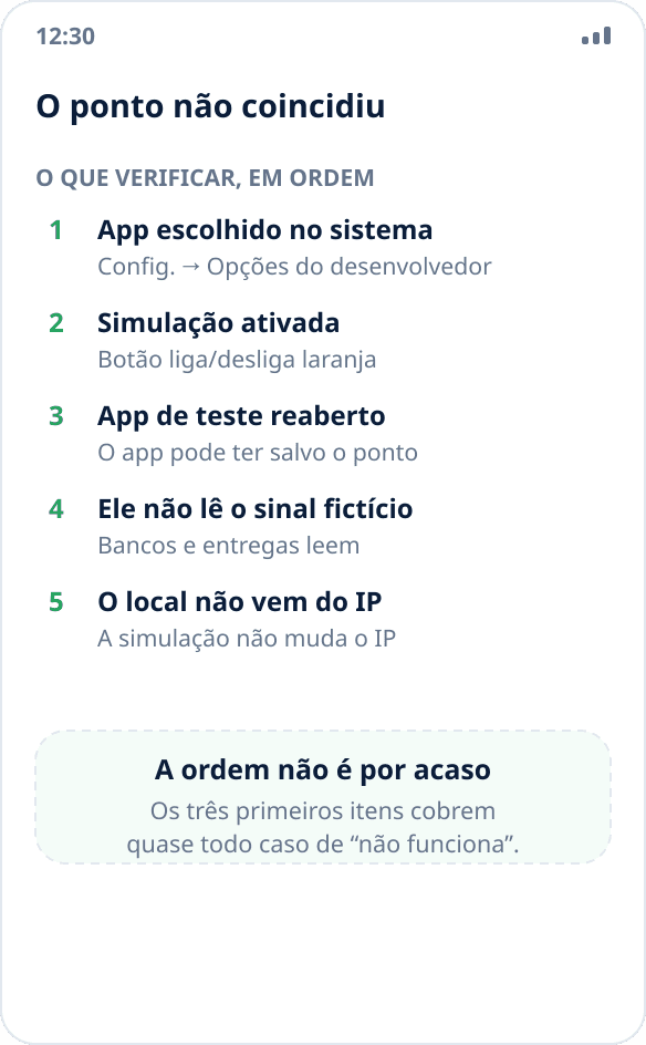Um app mostra a localização real em vez da simulada: lista de causas a verificar