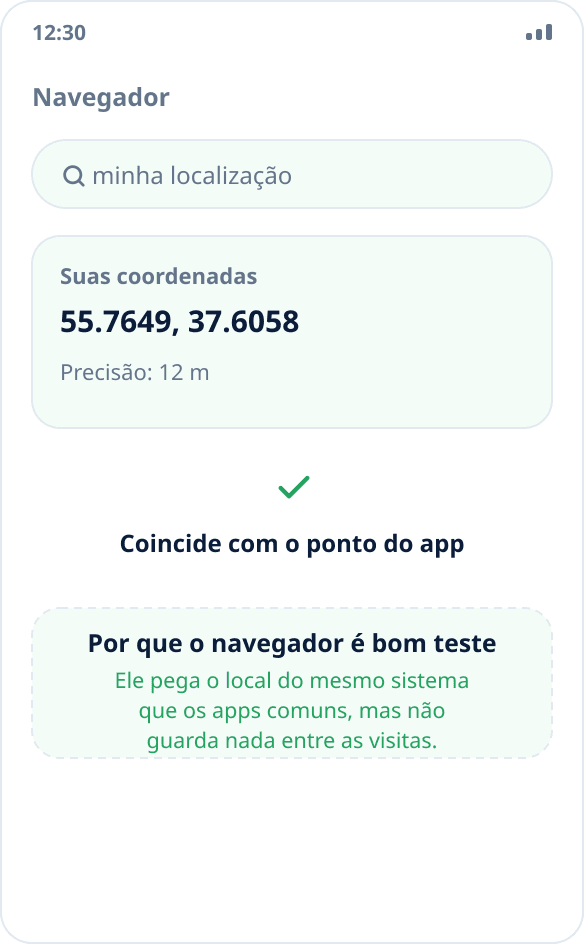 Verificação de localização no navegador: a página mostra coordenadas que coincidem com o ponto escolhido
