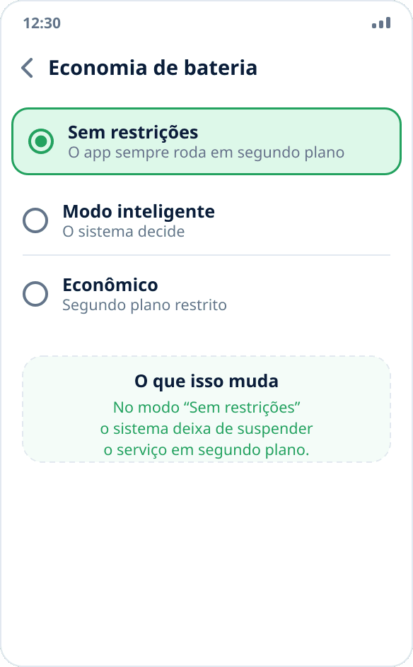 Escolha do modo de economia de bateria do app: “Sem restrições” está marcado