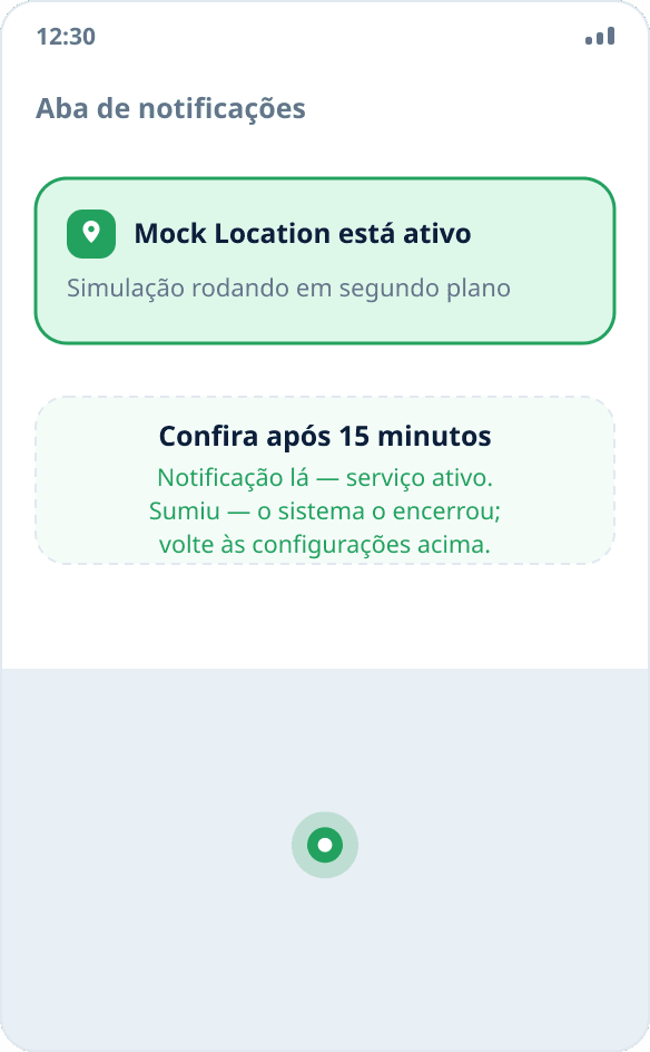 A notificação permanente do Mock Location na aba de notificações: a simulação roda em segundo plano