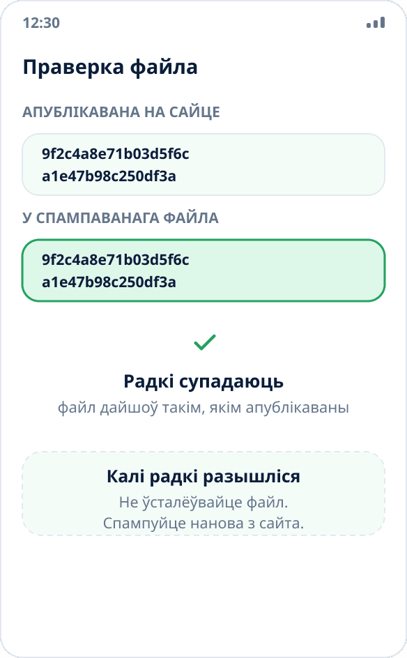 Звярка кантрольнай сумы: хэш спампаванага файла супадае з апублікаваным на сайце