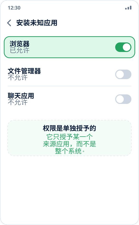 Android 设置：已为浏览器开启“允许来自此来源的应用”