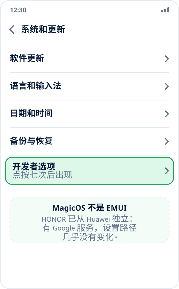 HONOR 的“系统和更新”：开启模式后出现“开发者选项”