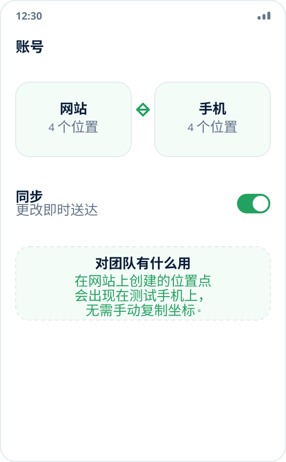 通过账号在网站和测试设备之间同步位置点