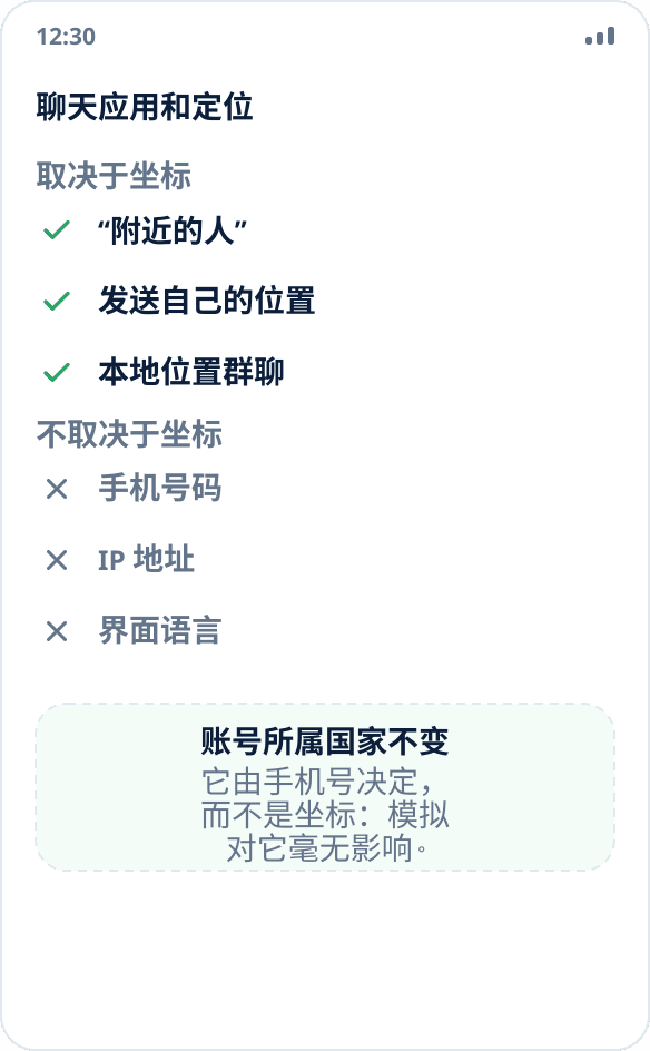 聊天应用中哪些取决于坐标：附近的人和发送位置取决于坐标，号码和 IP 则不取决于坐标