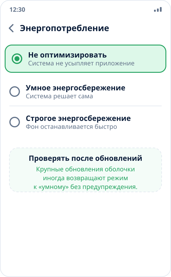 Выбор режима энергопотребления на ColorOS: для приложения отмечено «Не оптимизировать»