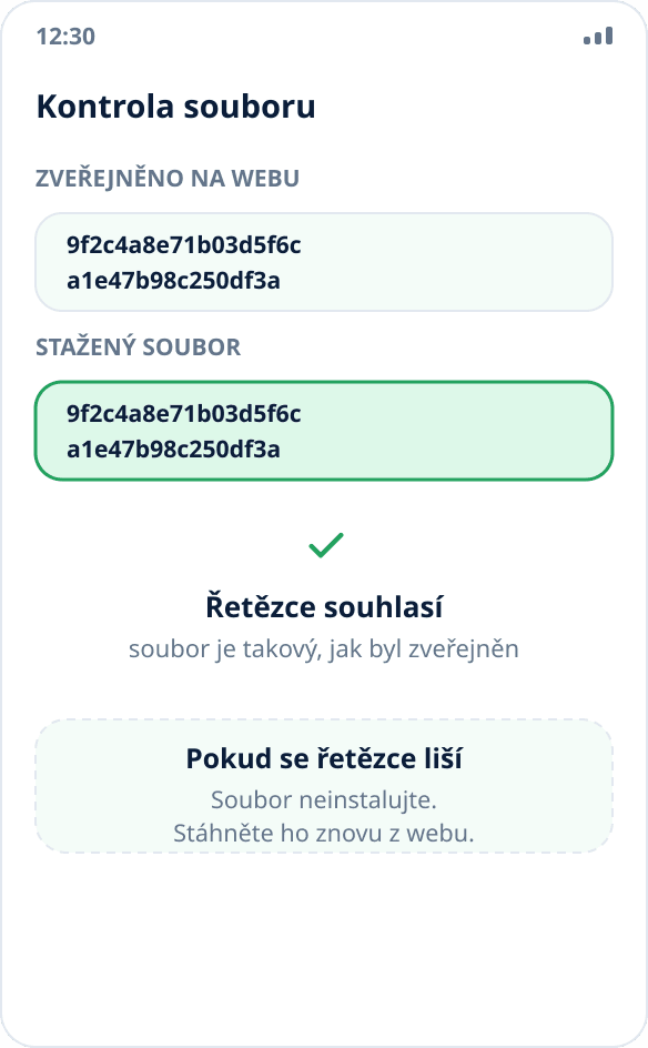 Ověření kontrolního součtu: hash staženého souboru souhlasí se zveřejněným na webu