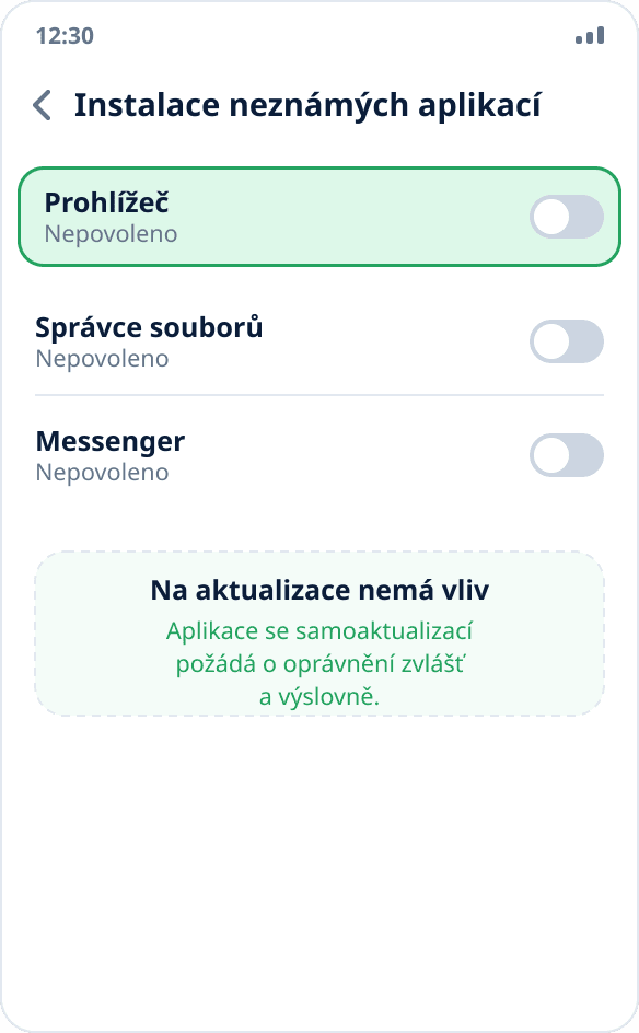 Oprávnění k instalaci ze zdroje je po instalaci aplikace vypnuté