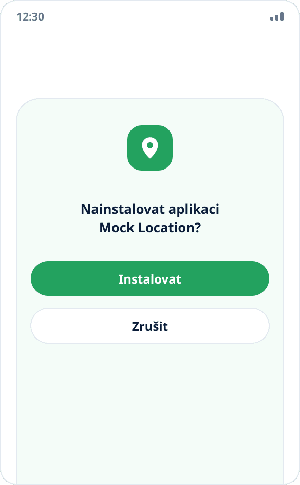 Systémový dialog instalace aplikace Mock Location s tlačítky „Instalovat“ a „Zrušit“