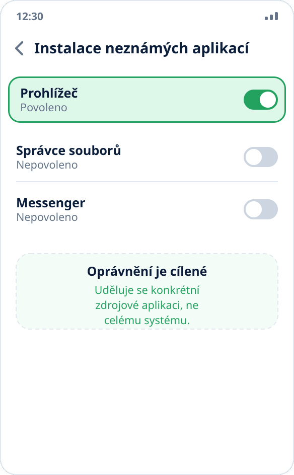 Nastavení Androidu: pro prohlížeč je zapnuté oprávnění „Povolit z tohoto zdroje“