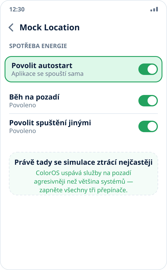 Správa aplikace na ColorOS: pro Mock Location je povolené automatické spuštění a běh na pozadí