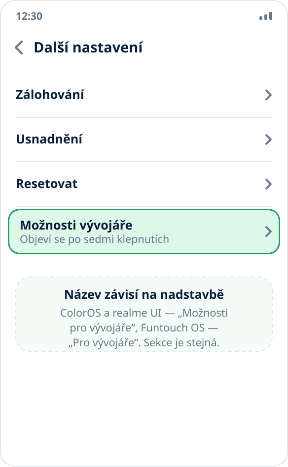 Sekce „Další nastavení“ na ColorOS: položka „Možnosti pro vývojáře“ na konci seznamu