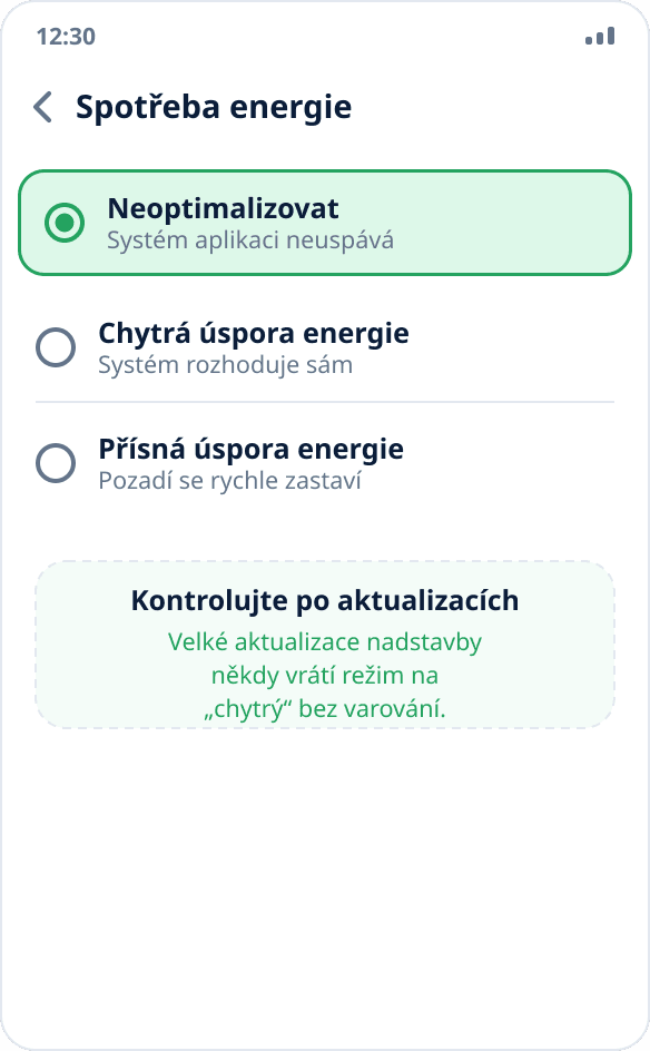 Výběr režimu spotřeby energie na ColorOS: pro aplikaci je označeno „Neoptimalizovat“
