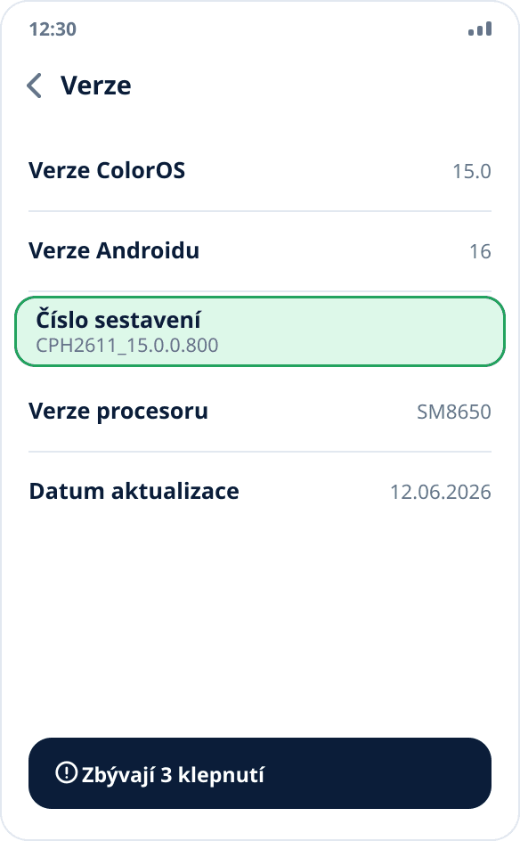 Obrazovka „Verze“ na realme a OPPO: položka „Číslo sestavení“, na kterou je třeba klepnout sedmkrát