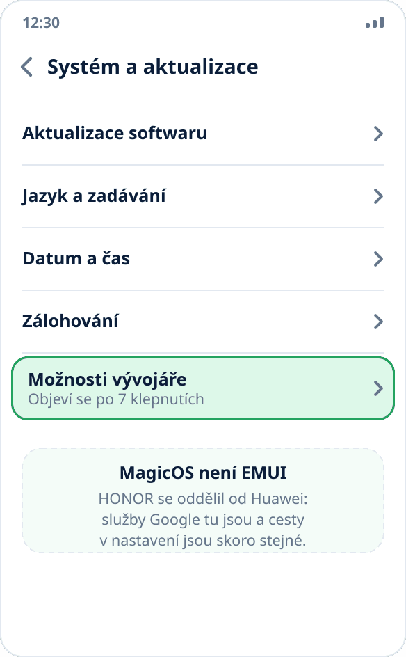 Sekce „Systém a aktualizace“ na HONOR: položka „Pro vývojáře“ po zapnutí režimu