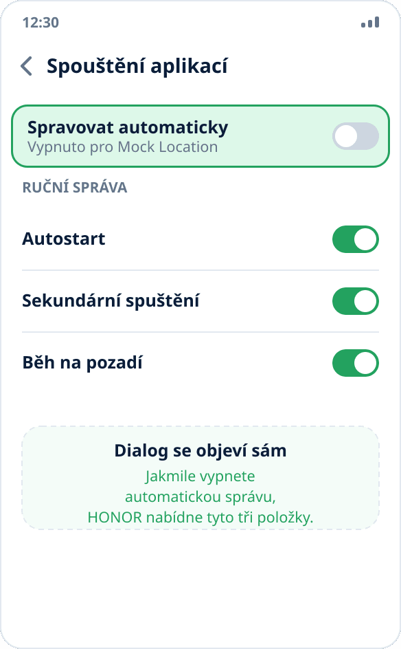 Správa spouštění aplikace na HONOR: ruční režim se zapnutým autostartem, sekundárním spuštěním a během na pozadí