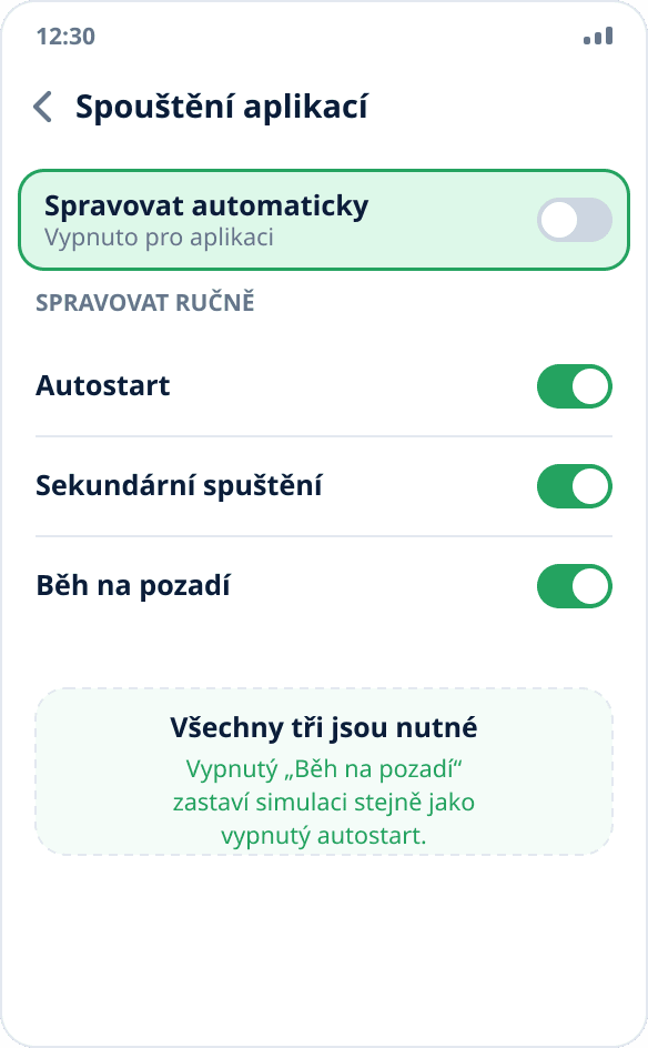 Nastavení Huawei: pro Mock Location je vypnutá automatická správa spouštění, zapnuté jsou tři přepínače