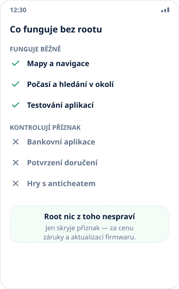 Srovnání scénářů: mapy, počasí a testování fungují bez rootu, bankovní aplikace a anticheaty ne