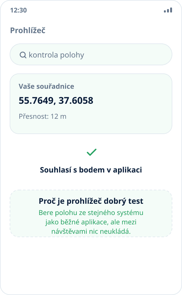 Kontrola polohy v prohlížeči: stránka ukazuje souřadnice souhlasící s vybraným bodem