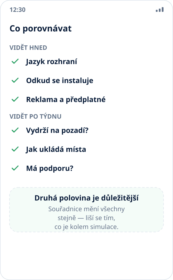 Kontrolní seznam pro výběr aplikace ke změně polohy: jazyk, zdroj instalace, chování na pozadí, ukládání míst, reklama