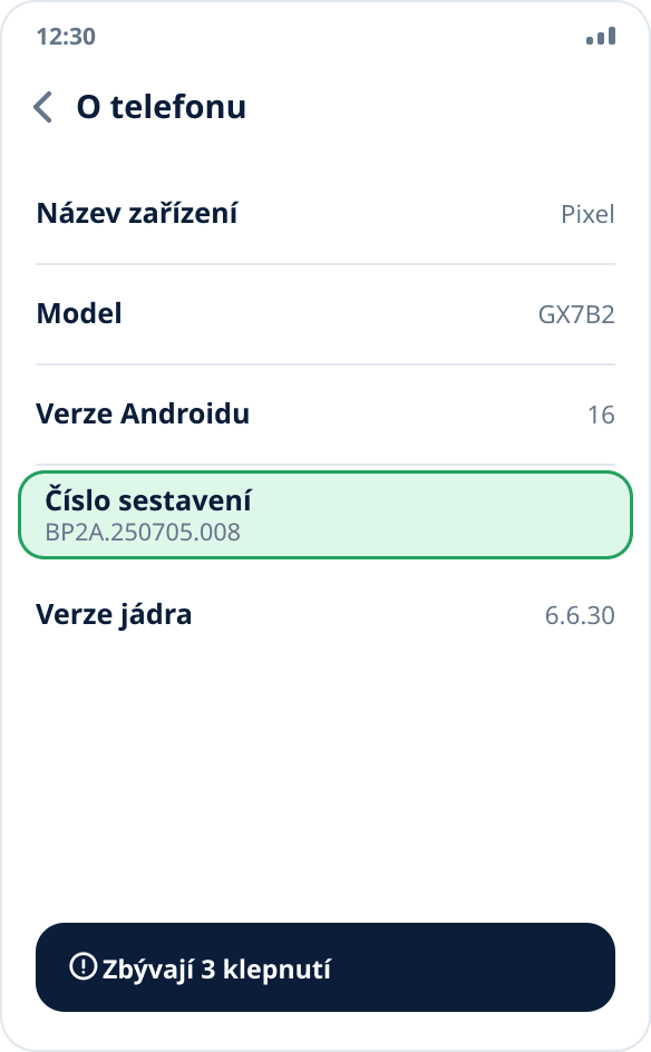 Obrazovka „Informace o telefonu“ v nastavení Androidu: zvýrazněná položka „Číslo sestavení“, dole nápověda se zbývajícími klepnutími