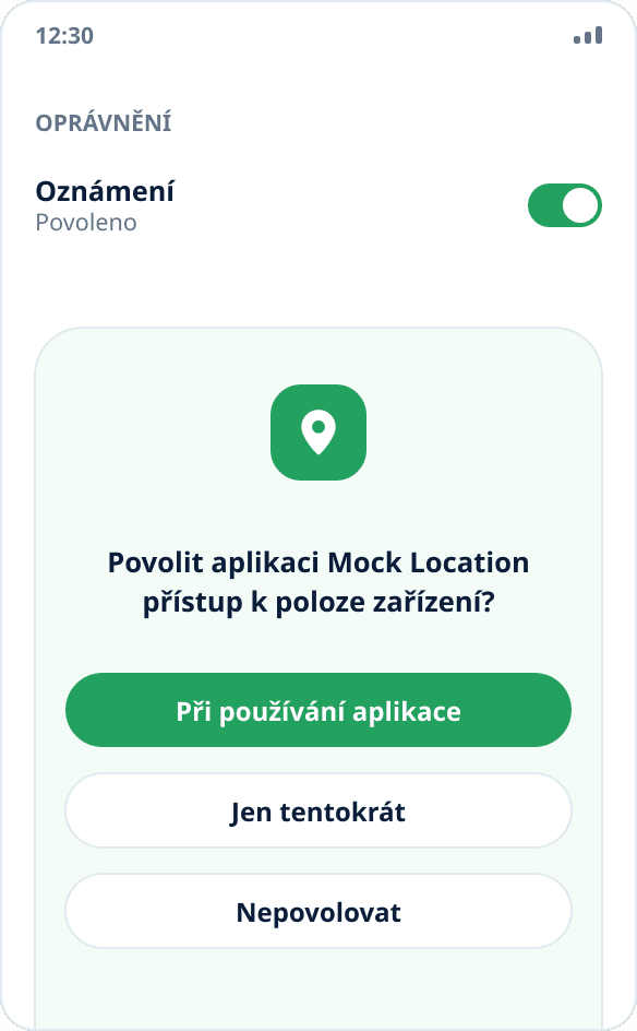 Systémová žádost Androidu o přístup k poloze pro aplikaci Mock Location