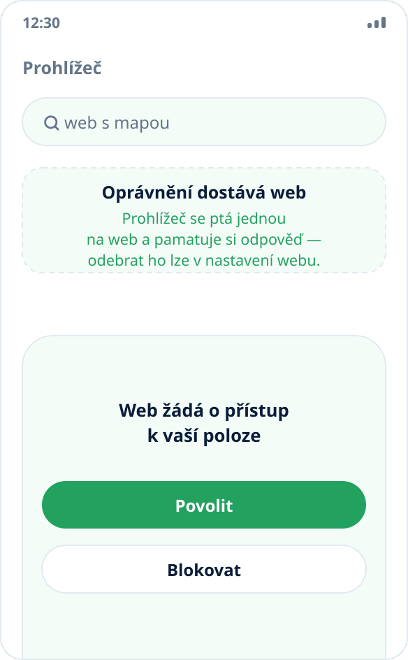Žádost prohlížeče o přístup k poloze: po povolení web dostane simulované souřadnice