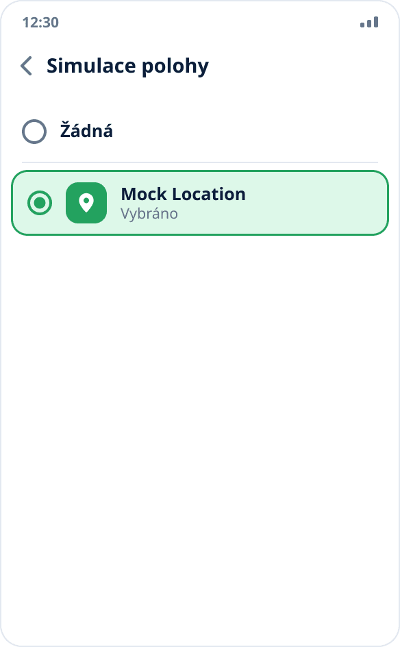 Výběr aplikace pro simulaci polohy: označena Mock Location, možnost „Žádná“ není vybraná