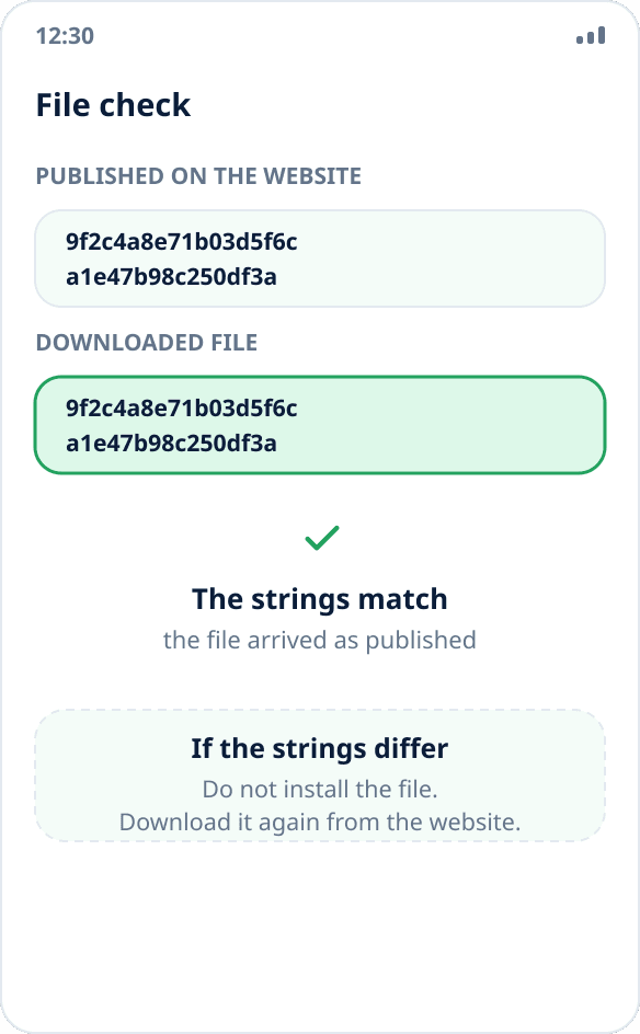 Checking the checksum: the downloaded file's hash matches the one published on the website