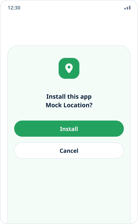 The system install dialog for Mock Location with “Install” and “Cancel” buttons