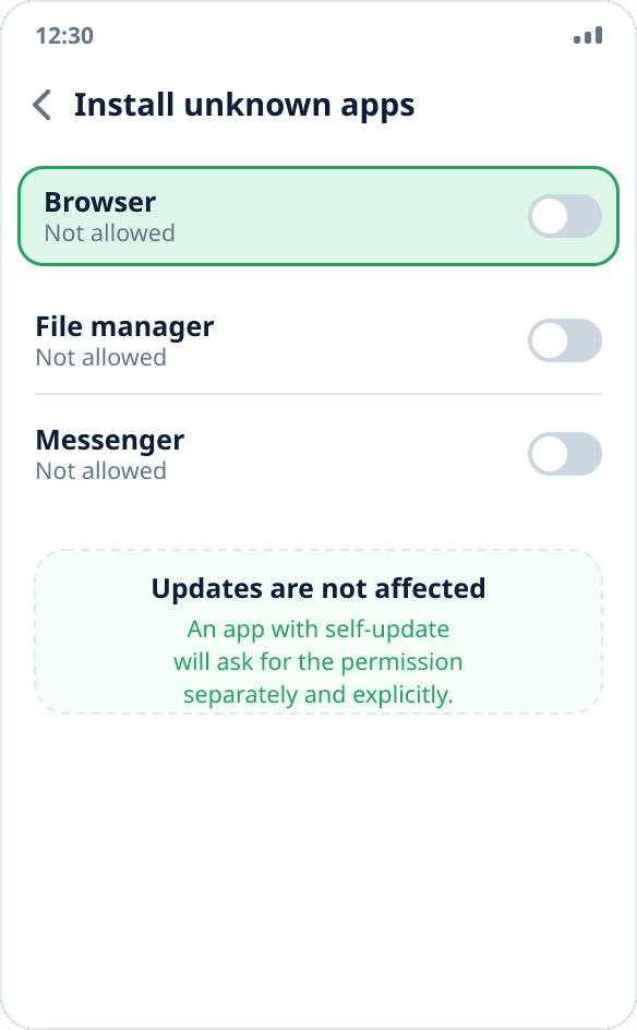 The install-from-source permission is turned off after installing the app