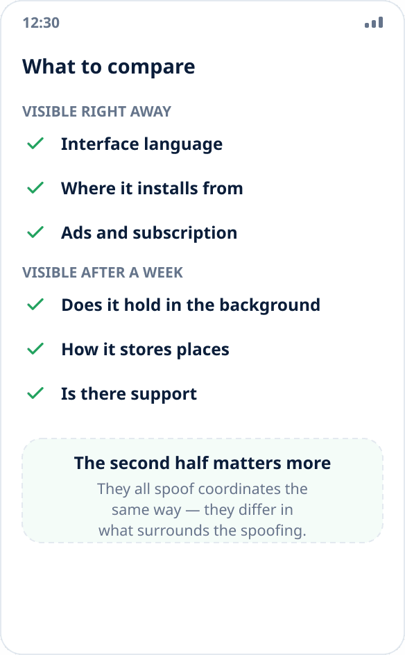 A checklist for choosing a location spoofing app: language, install source, background behavior, place storage, ads