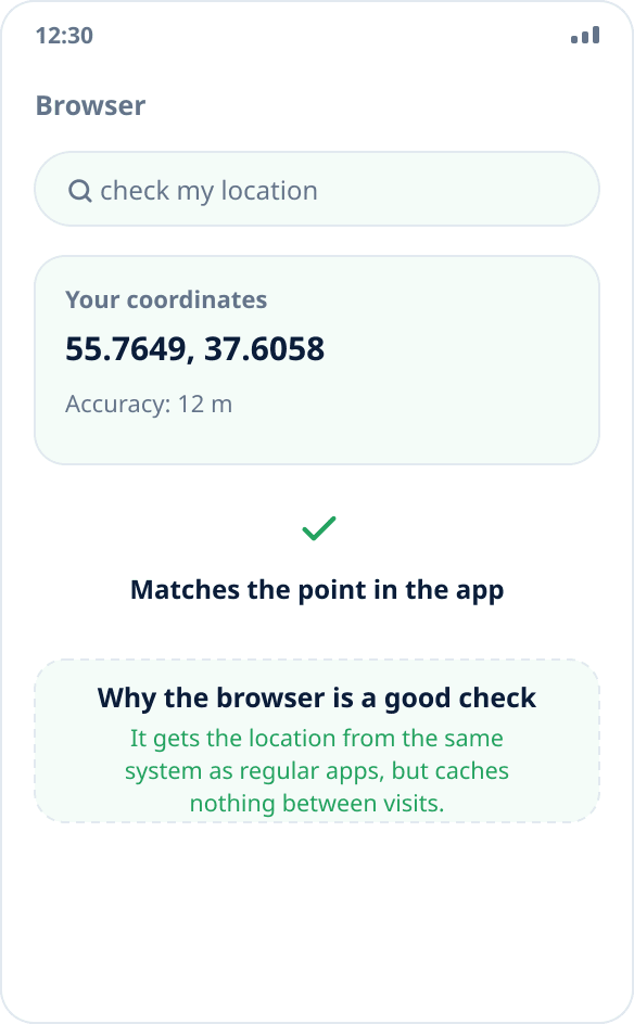A location check in the browser: the page shows coordinates matching the chosen point