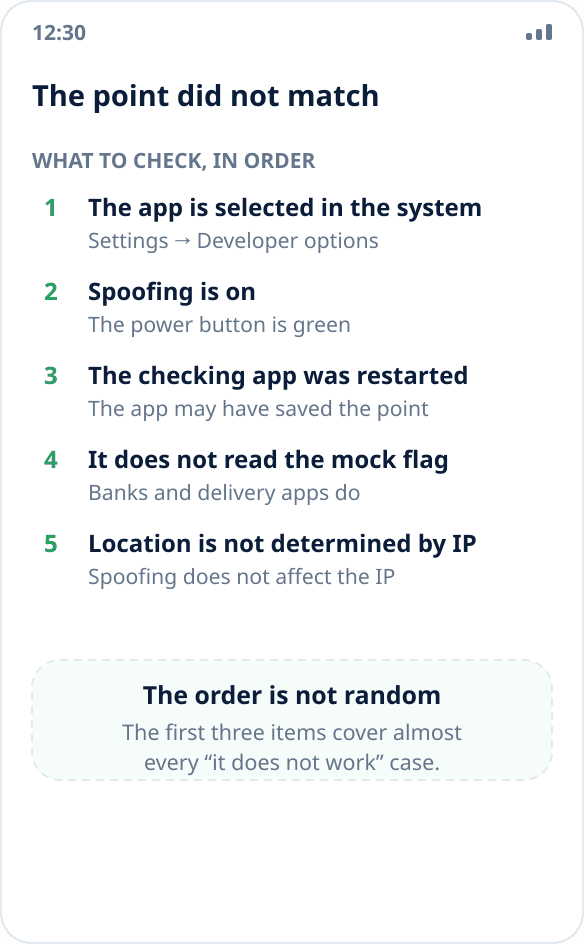 An app shows the real location instead of the spoofed one: a list of causes to check