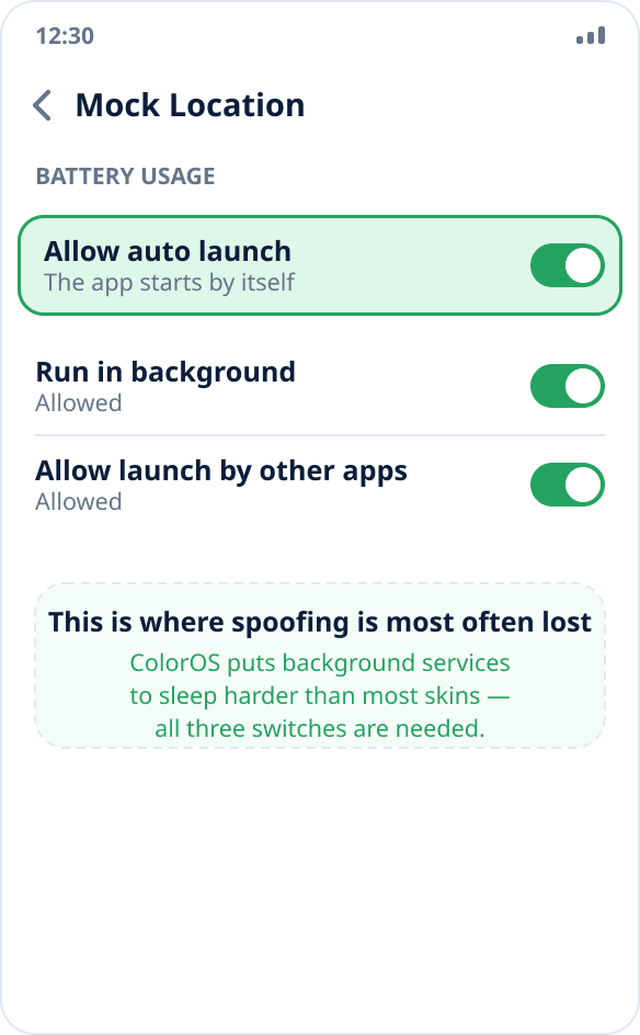 App management on ColorOS: autostart and background activity are allowed for Mock Location