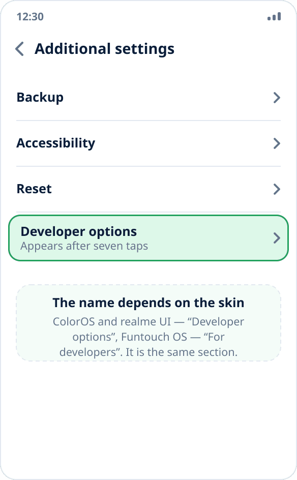 The “Additional settings” section on ColorOS: “Developer options” at the end of the list